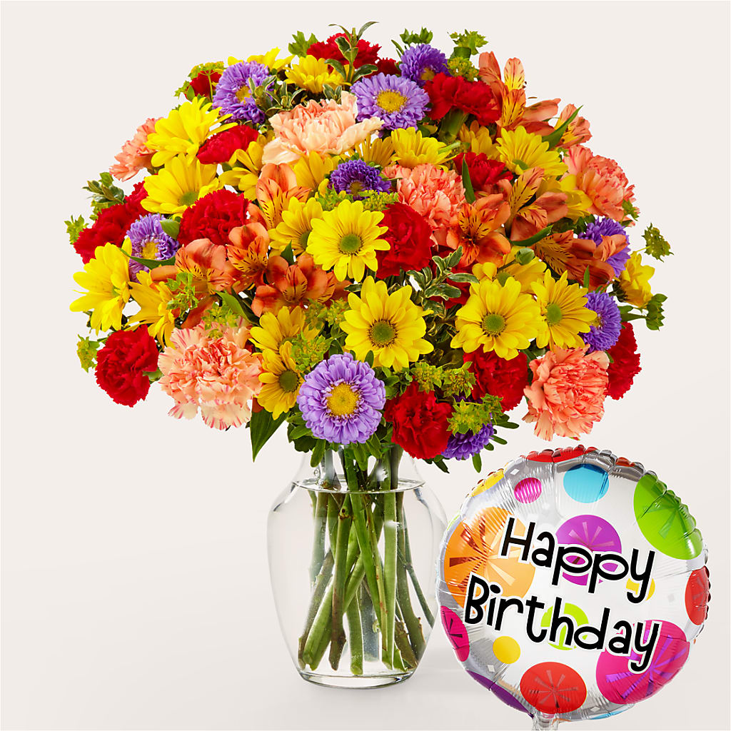 Kaleidoscope Bouquet with Birthday Balloon – Joya Flowers, Central Islip NY
