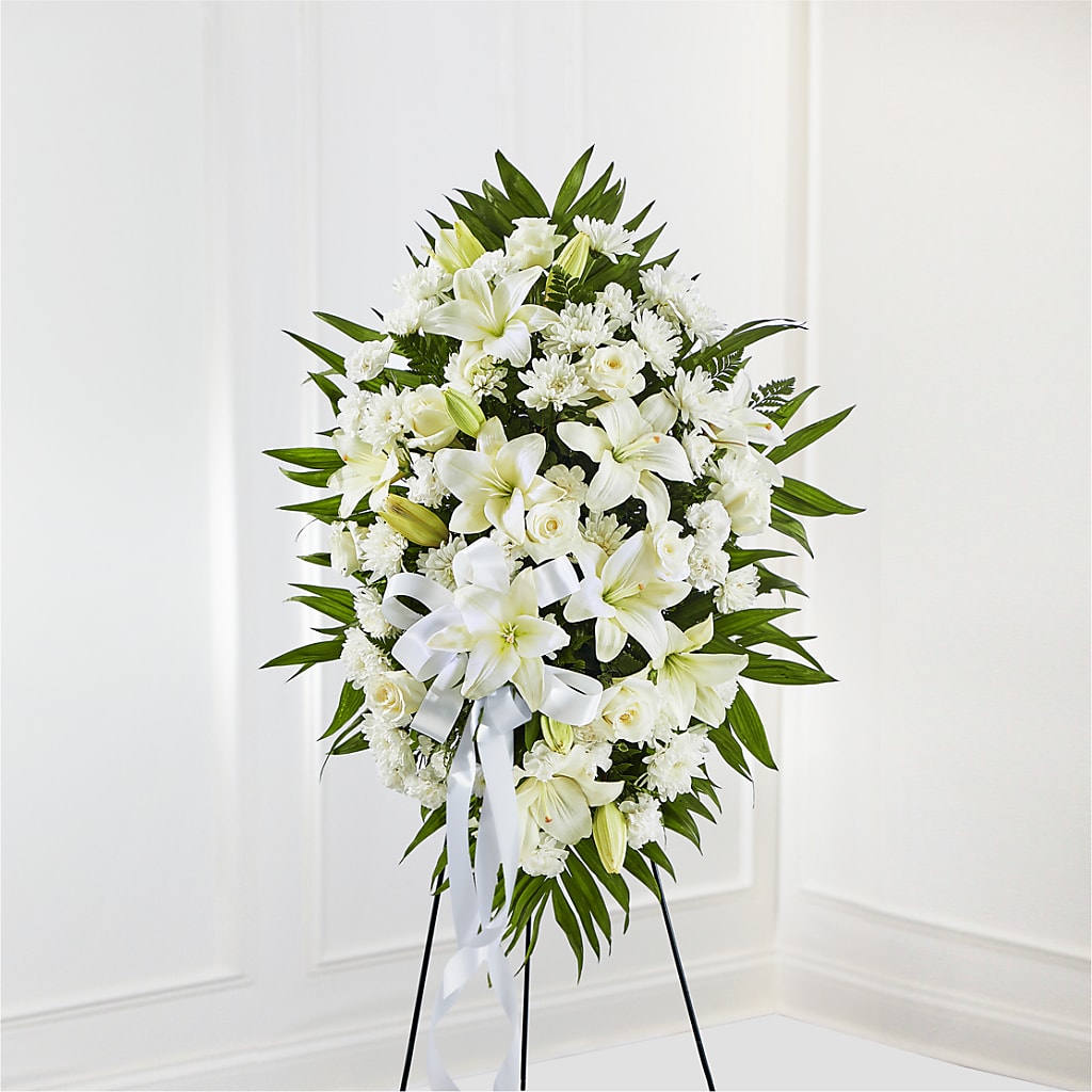 Exquisite Tribute Standing Spray-White Ribbon – Joya Flowers, Central Islip NY