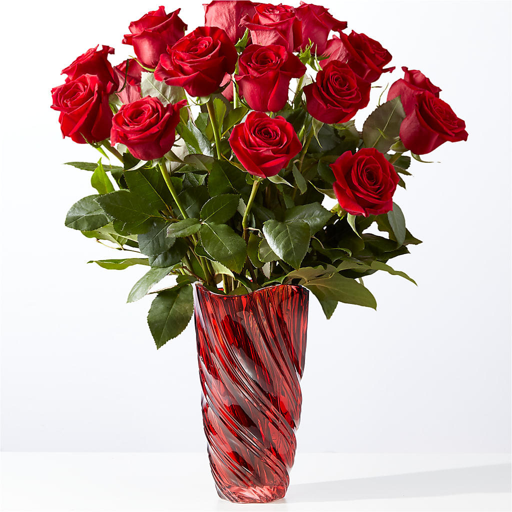 Classic Love Red Rose Bouquet with Luxe Swirl Vase – Joya Flowers, Central Islip NY