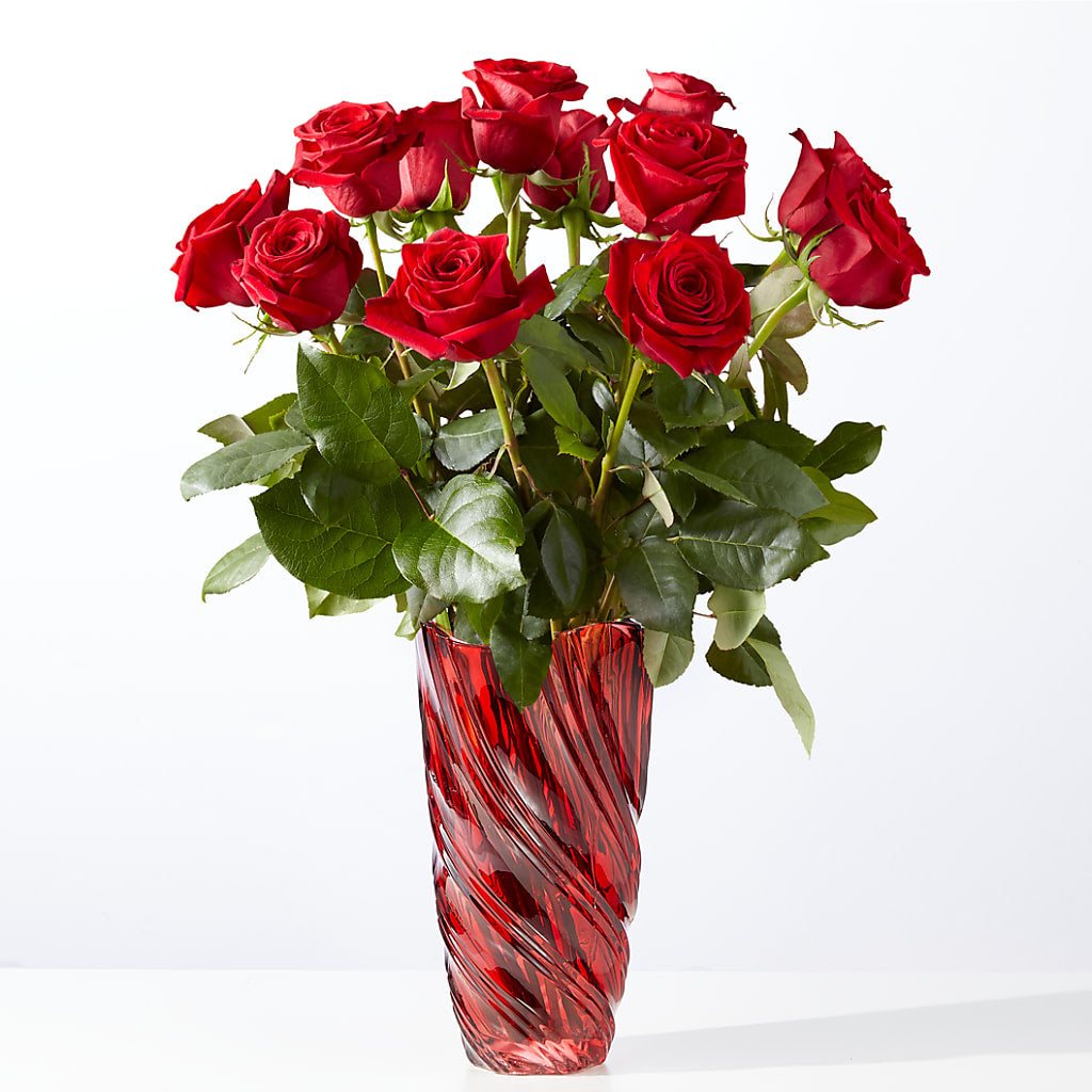 Classic Love Red Rose Bouquet with Luxe Swirl Vase – Joya Flowers, Central Islip NY