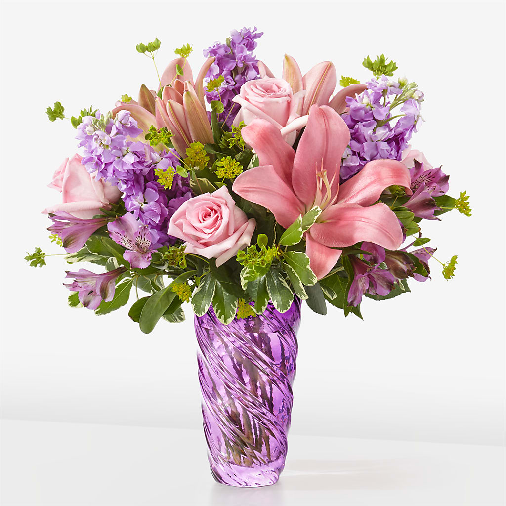 Precious Petals Bouquet with Luxe Swirl Vase – Joya Flowers, Central Islip NY